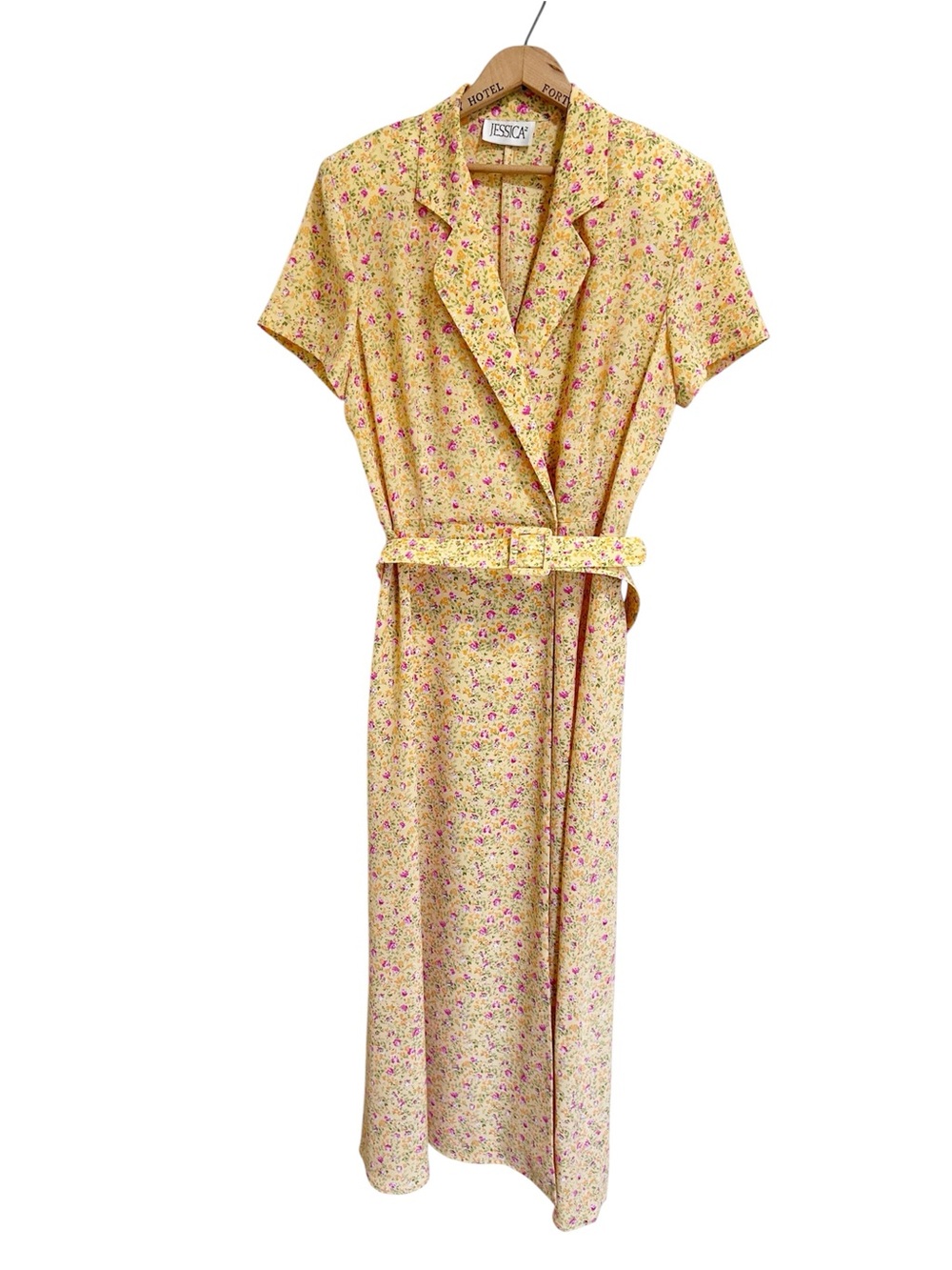Vintage Early 2000’s Jessica Yellow Collared Wrap Dress with Pink Floral Accents